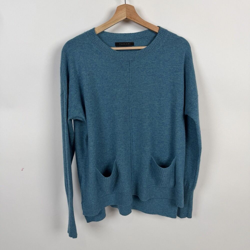 Tahari Luxe Cashmere Scoop Neck Pullover sz M  Blue Teal Hi Low Hem Flaw Sweater